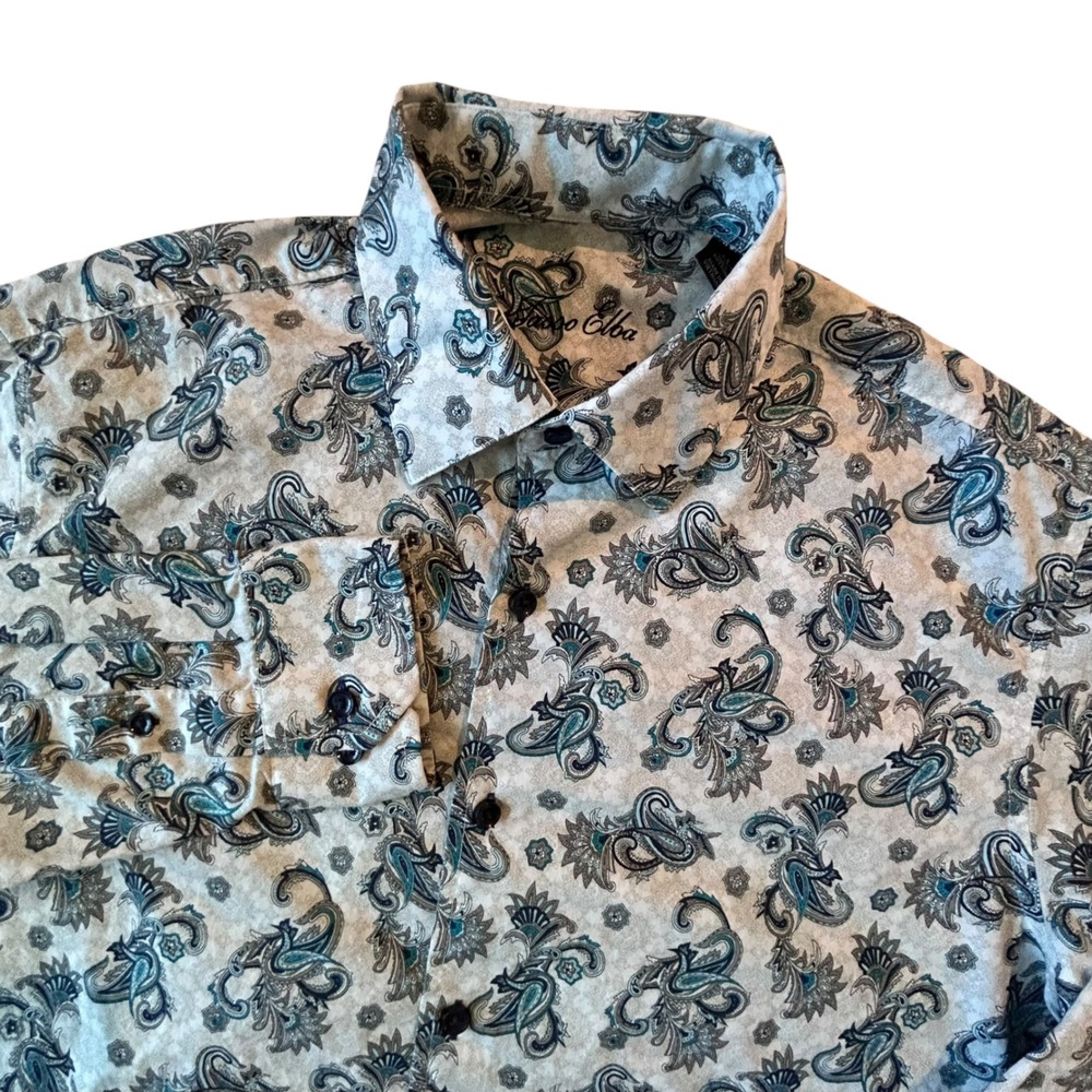 Tasso Elba Mens Medium Blue Paisley Floral Button Down Shirt Long Sleeve Cotton